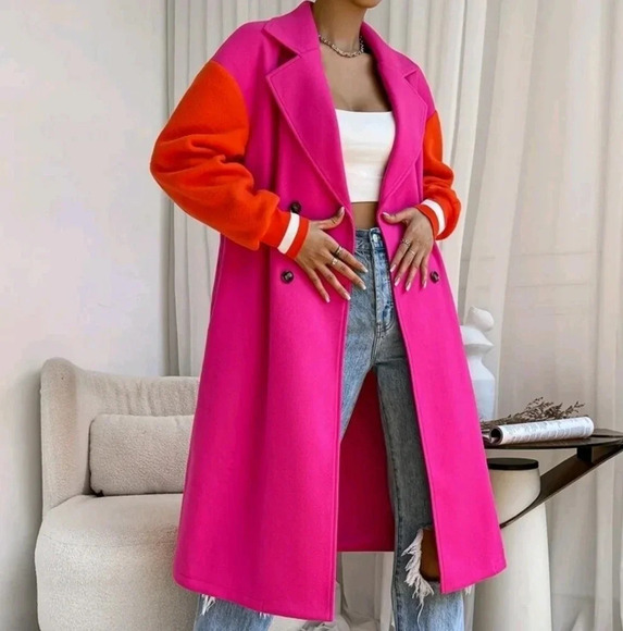 Colorblock Drop Shoulder Double Breasted Overcoat - Picture 4 of 6